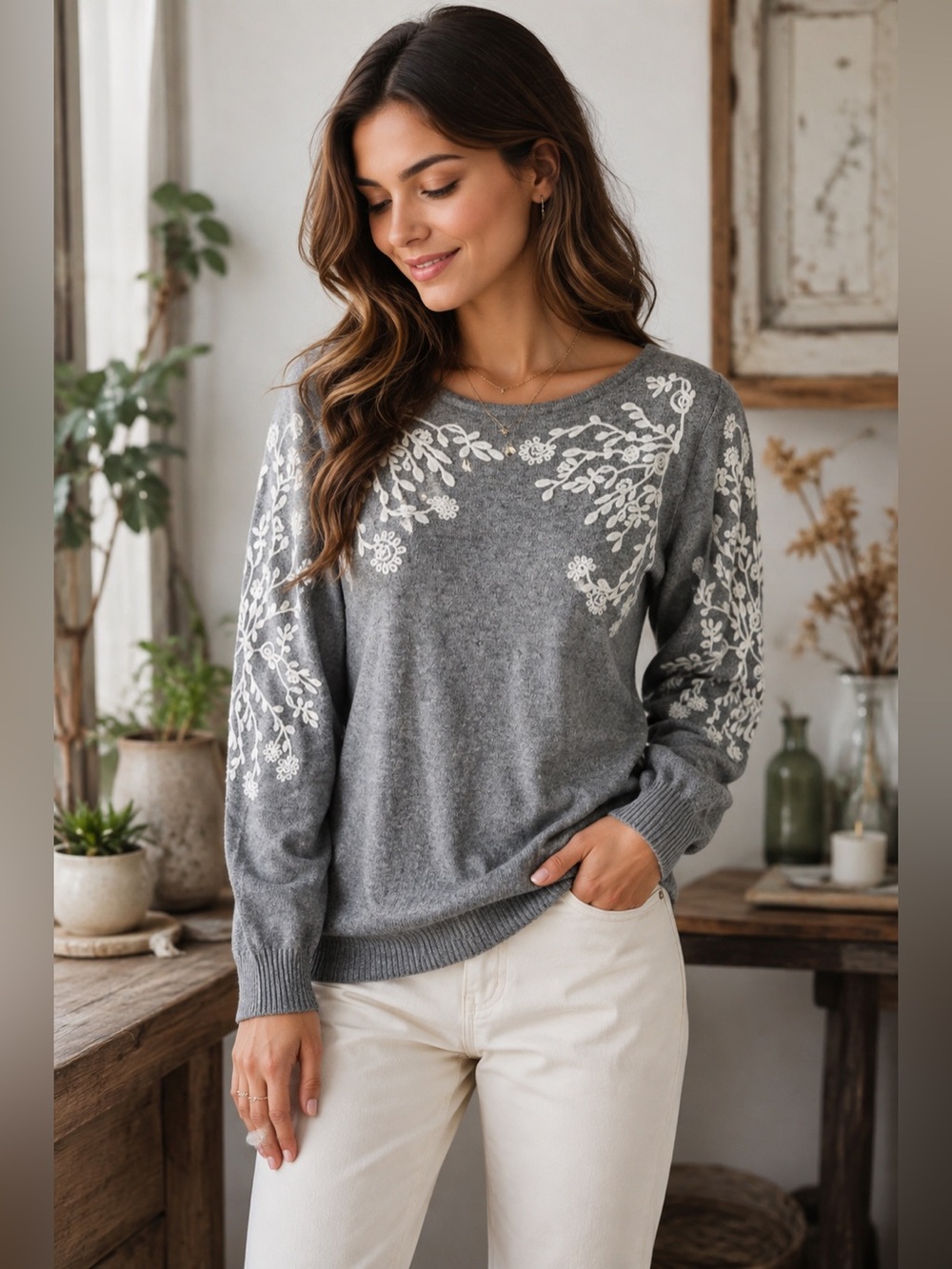 Rain + Rose Gray Embroidered Floral Angora Sweater Size Small‎